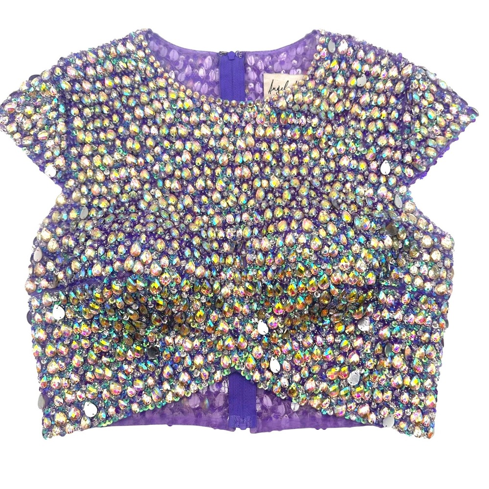 Angela and Alison Purple Rhinestone Embellished Crop Top Prom Pageant Formal S